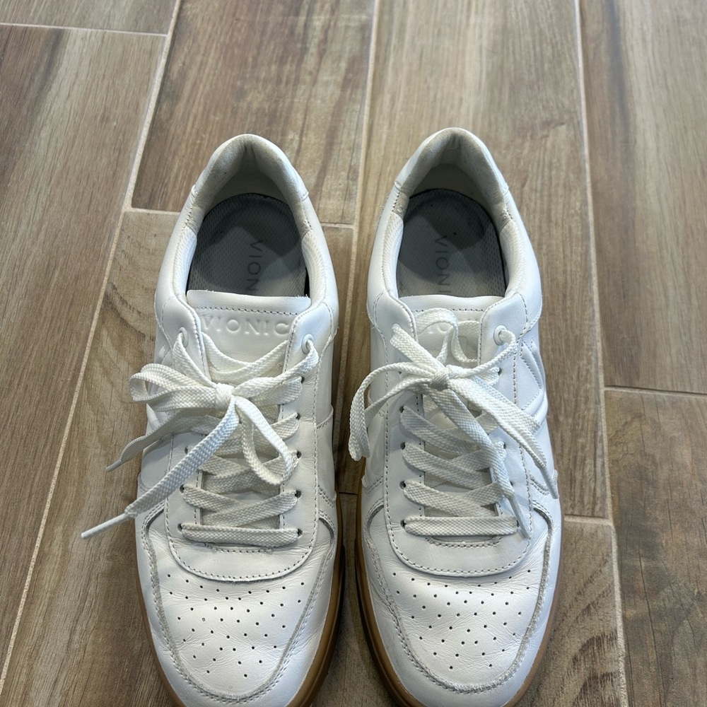 Vionic White Leather Sneakers with Tan Gum Sole